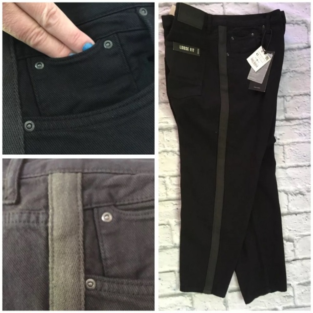 Zara Man 32 Black Loose Fit Jeans Stripe Down Leg